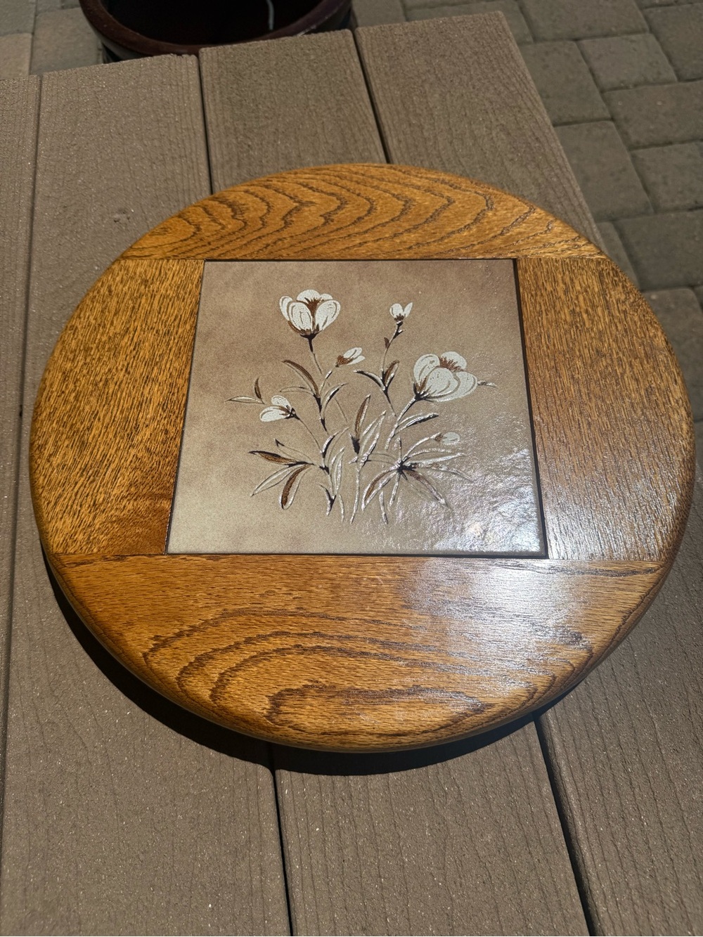 Lazy Susan Vintage “The Early American” Oak Wood & Ceramic Tile XL 15.5”